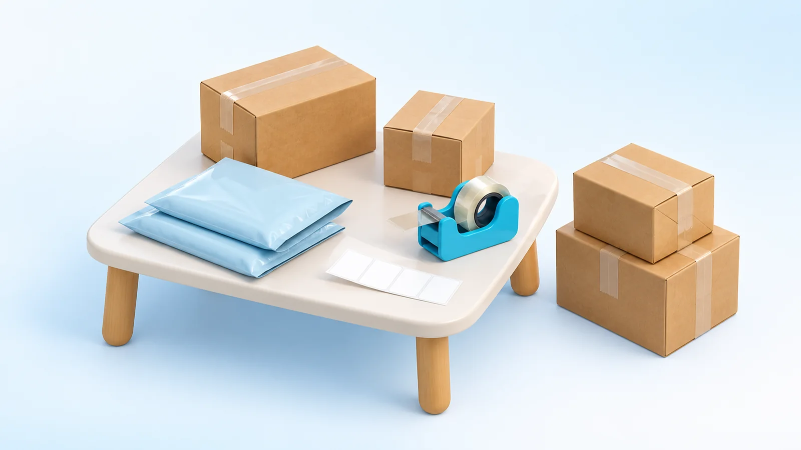 Illustration of a packing table with boxes, poly mailers, tape and blank shipping labels ready for courier pickup